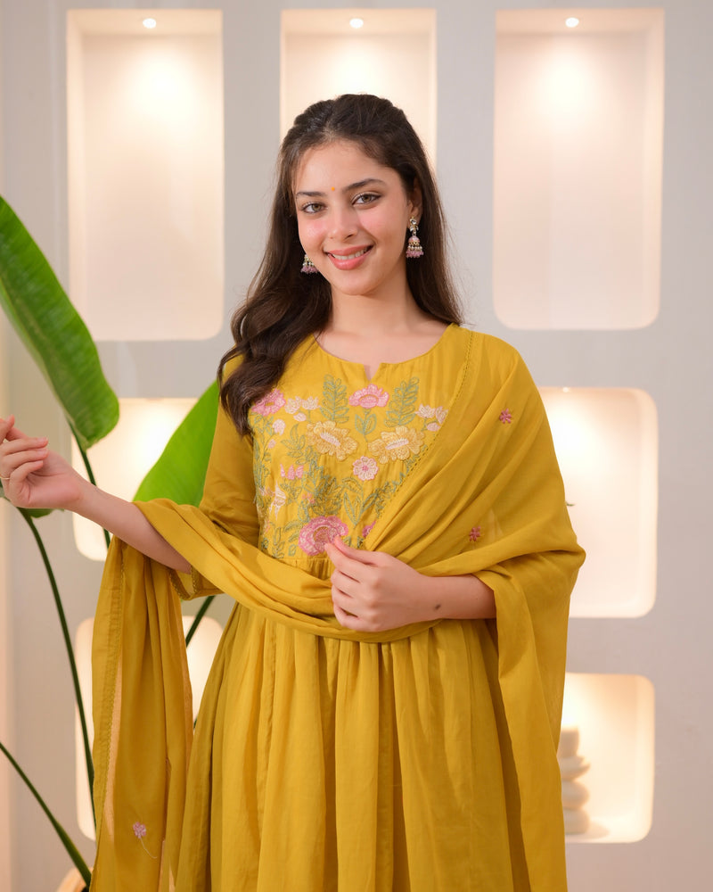 Yellow Lotus Threadwork A Line Mul Cotton Suit