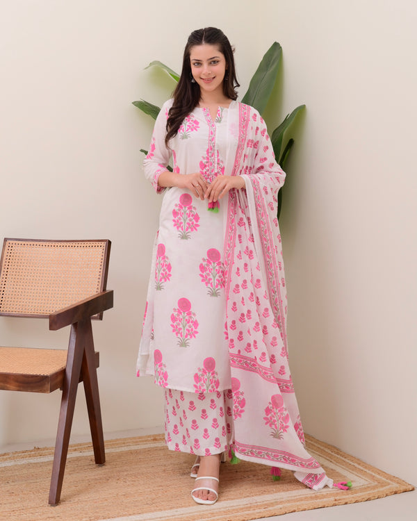 Pink White Floral Cotton Kurta Palazzo Suit