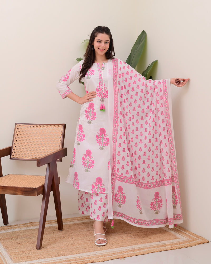 Pink White Floral Cotton Kurta Palazzo Suit