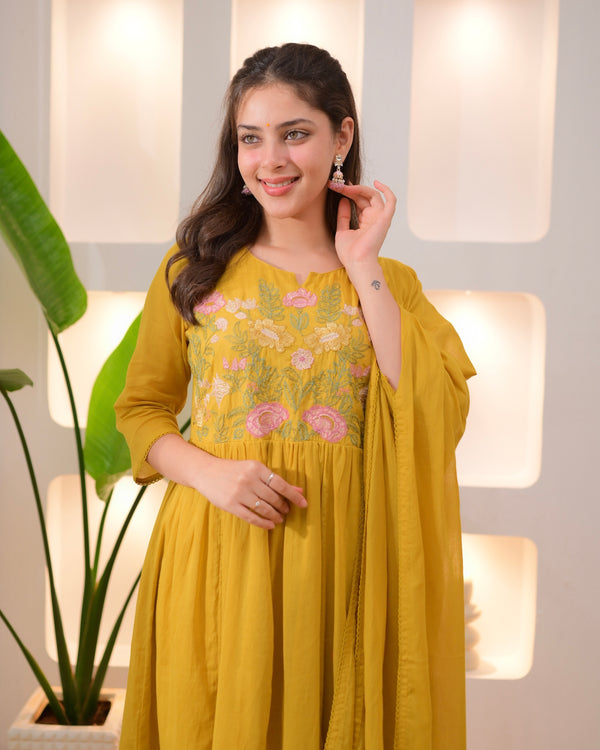 Yellow Lotus Threadwork A Line Mul Cotton Suit