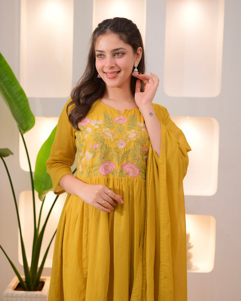 Yellow Lotus Threadwork A Line Mul Cotton Suit