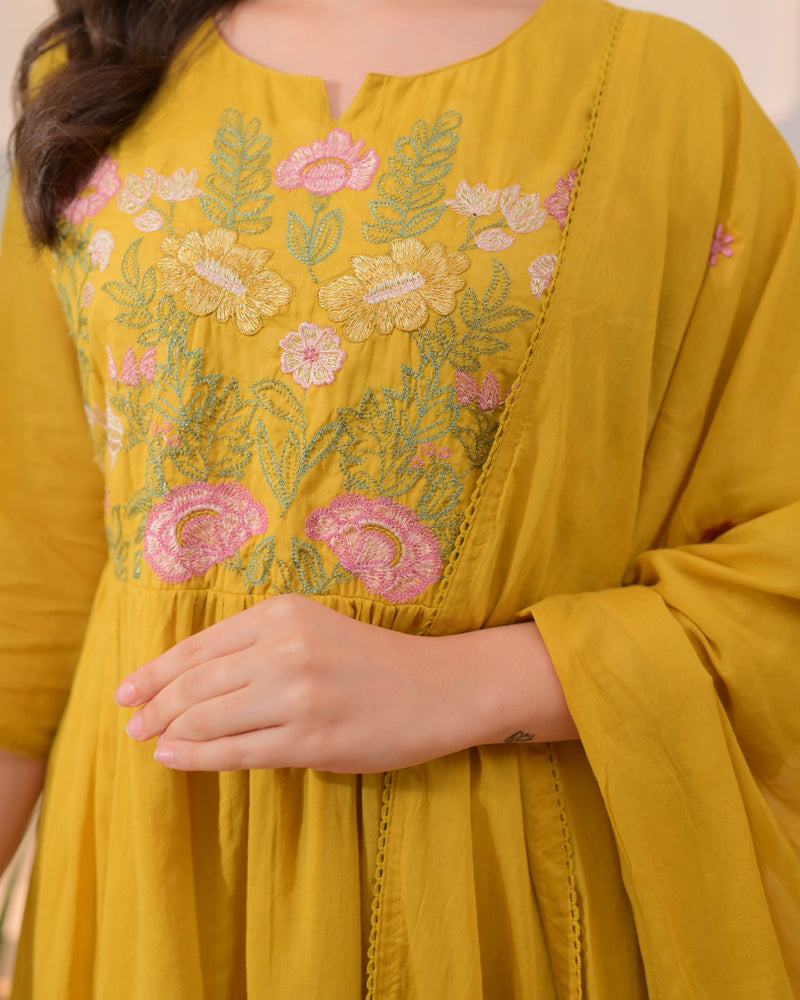 Yellow Lotus Threadwork A Line Mul Cotton Suit