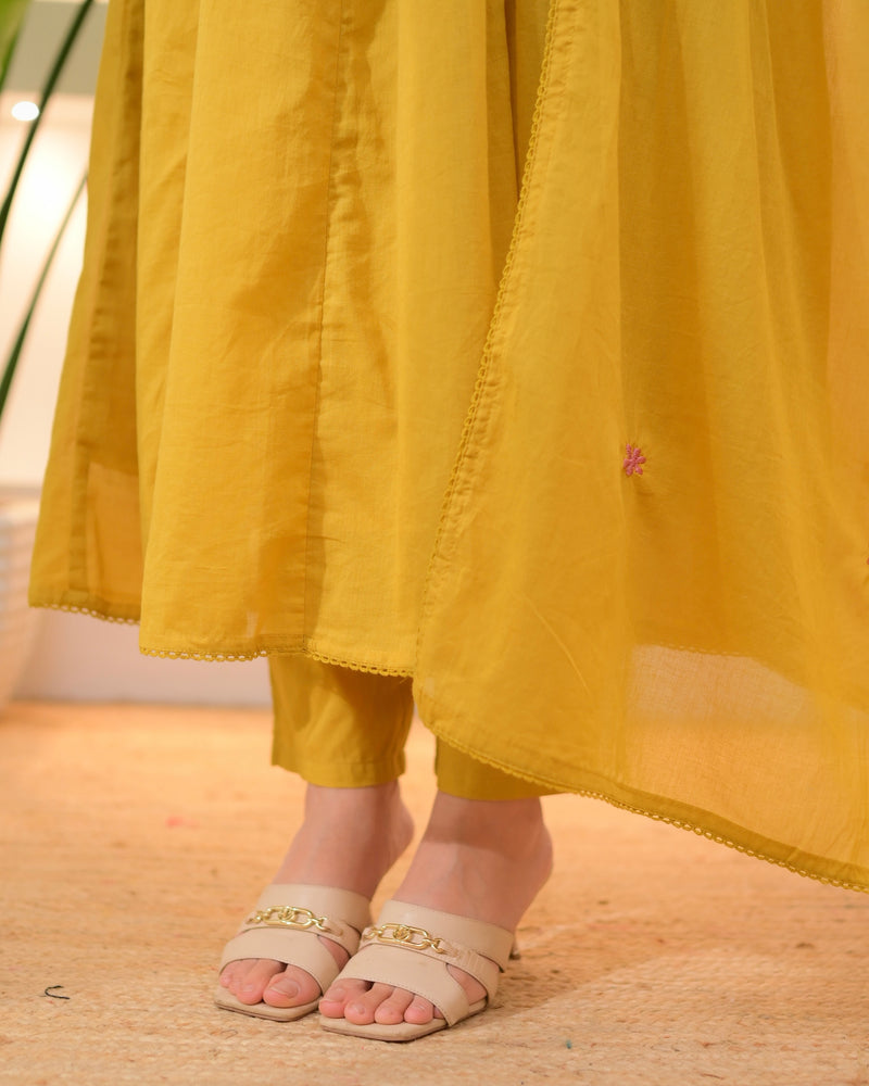 Yellow Lotus Threadwork A Line Mul Cotton Suit