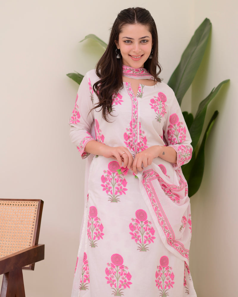 Pink White Floral Cotton Kurta Palazzo Suit