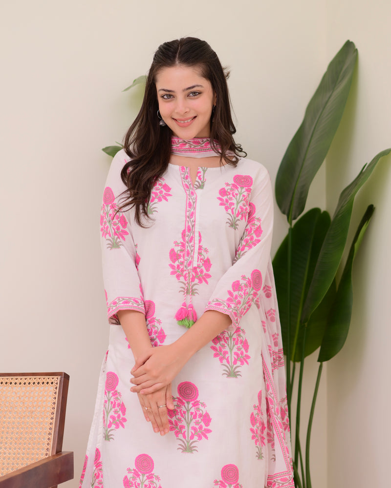 Pink White Floral Cotton Kurta Palazzo Suit