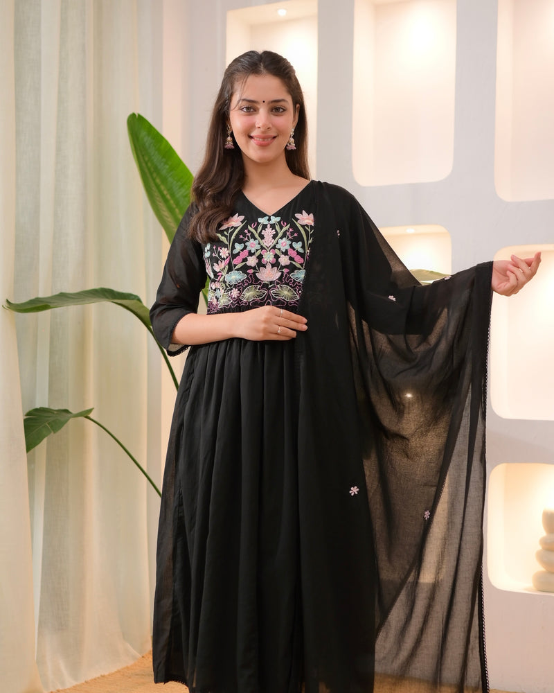 Black Lotus Threadwork A Line Mul Cotton Suit