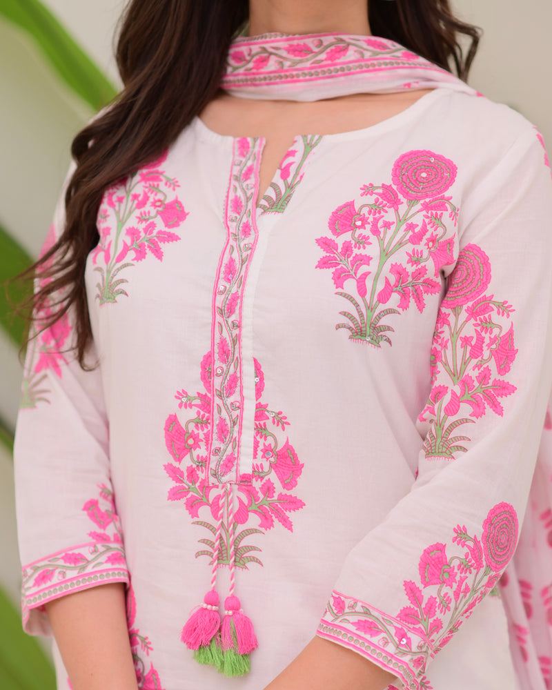 Pink White Floral Cotton Kurta Palazzo Suit