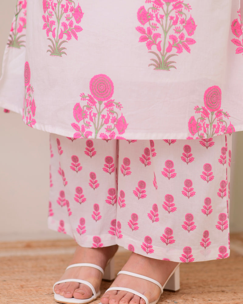 Pink White Floral Cotton Kurta Palazzo Suit