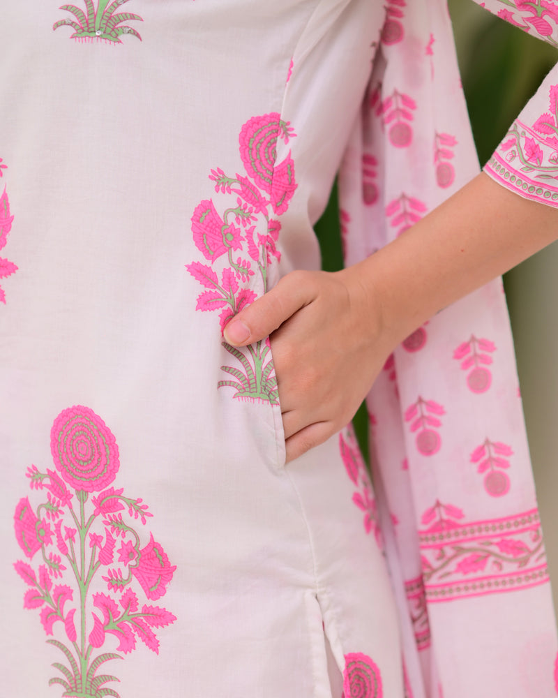 Pink White Floral Cotton Kurta Palazzo Suit