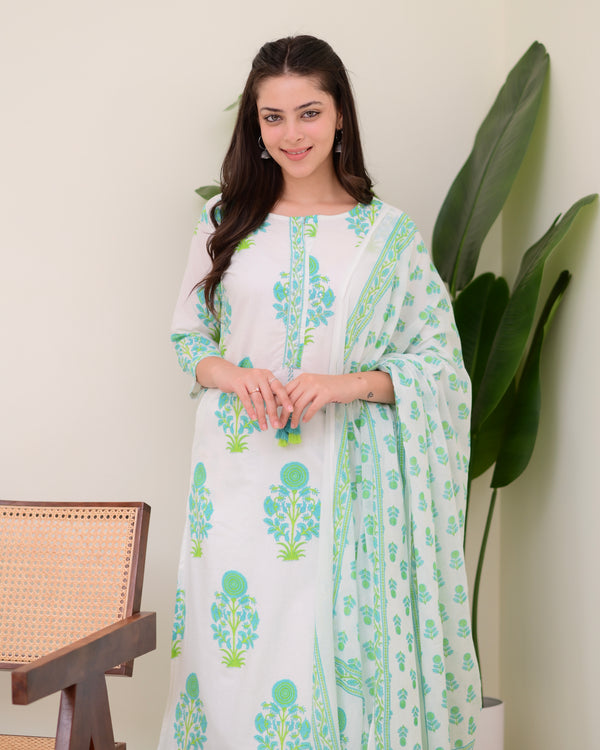 Turquoise White Floral Cotton Kurta Palazzo Suit