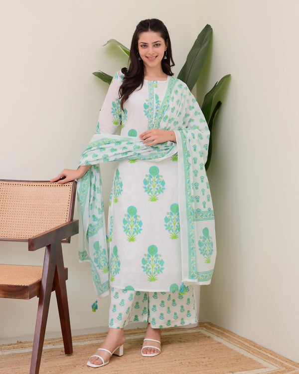 Turquoise White Floral Cotton Kurta Palazzo Suit