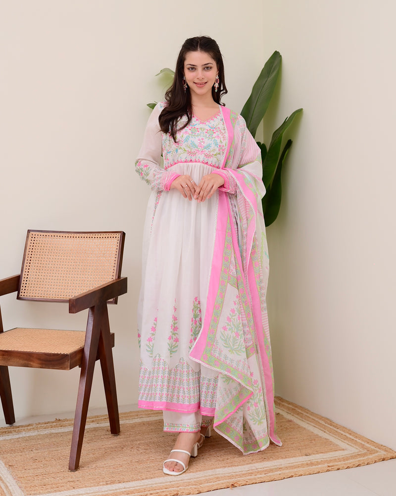 Pink Floral Hand Embroidered A Line Mul Cotton Suit