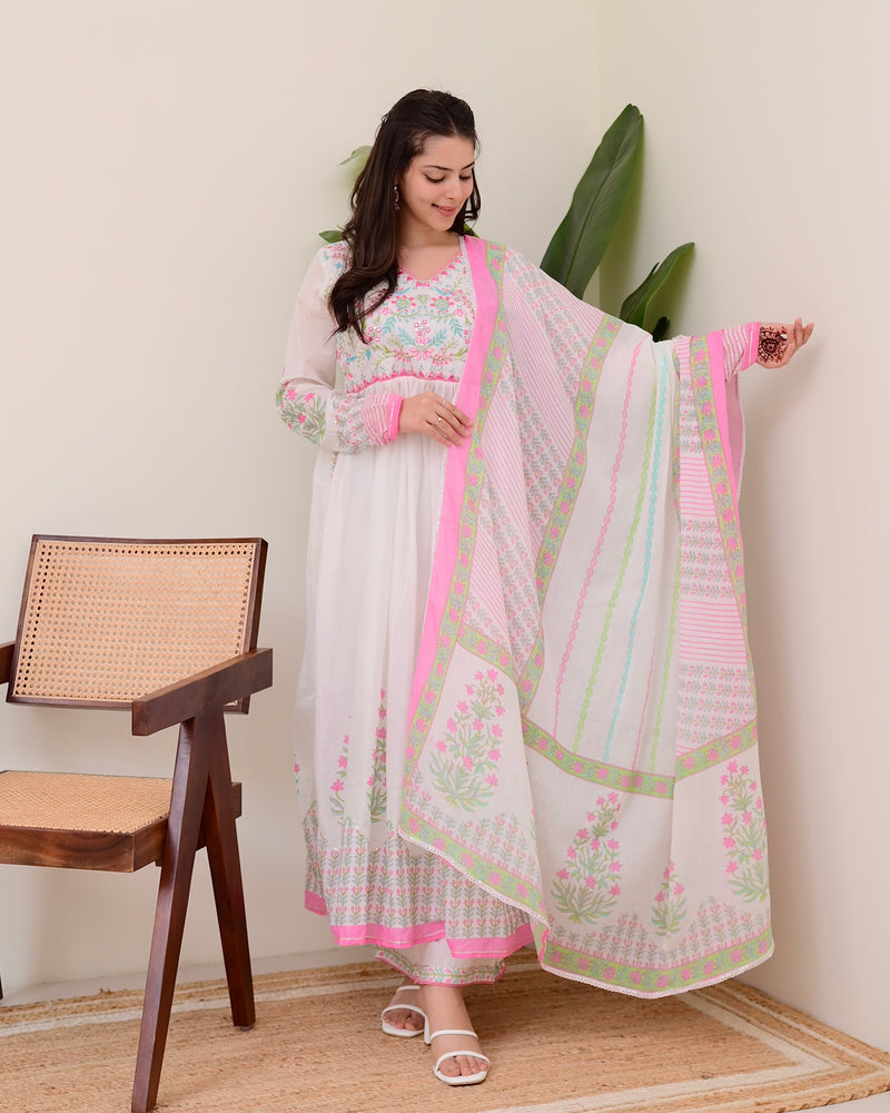 Pink Floral Hand Embroidered A Line Mul Cotton Suit