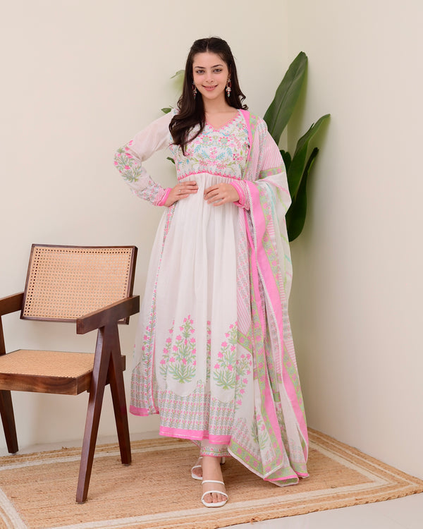 Pink Floral Hand Embroidered A Line Mul Cotton Suit