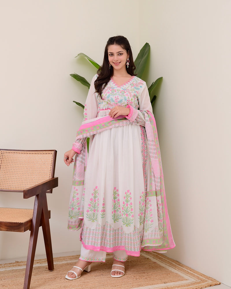 Pink Floral Hand Embroidered A Line Mul Cotton Suit