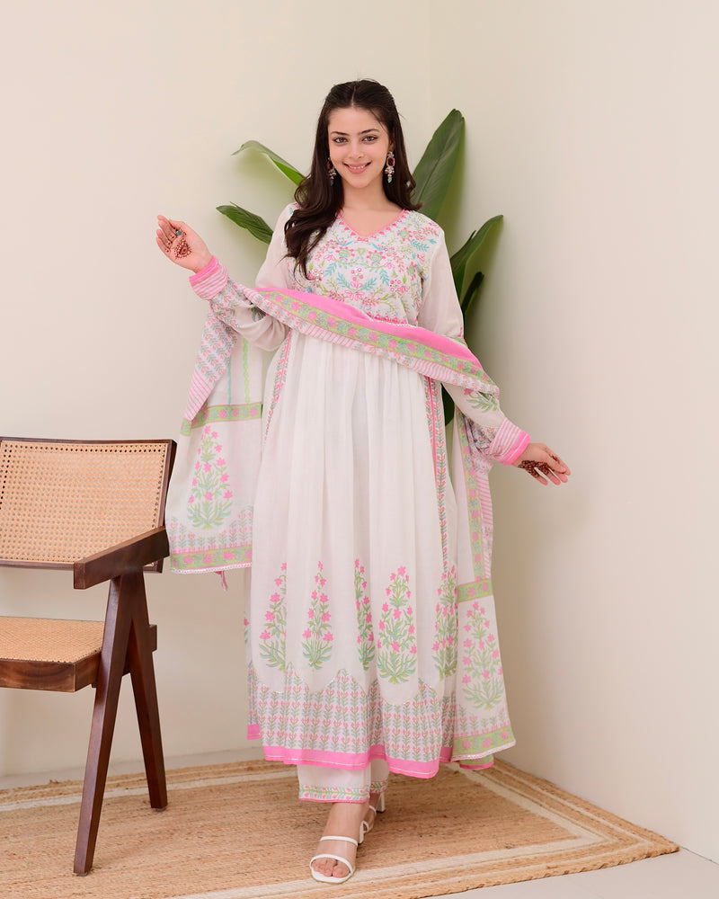 Pink Floral Hand Embroidered A Line Mul Cotton Suit