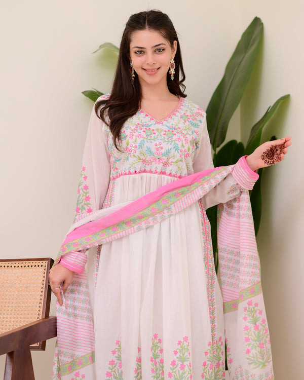 Pink Floral Hand Embroidered A Line Mul Cotton Suit