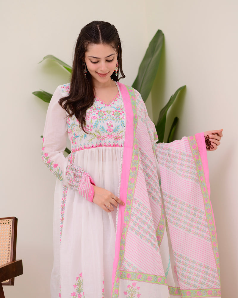 Pink Floral Hand Embroidered A Line Mul Cotton Suit