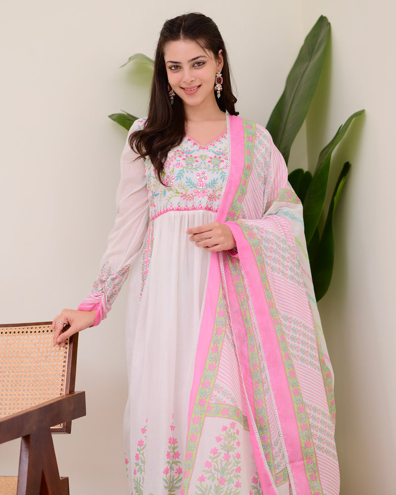 Pink Floral Hand Embroidered A Line Mul Cotton Suit