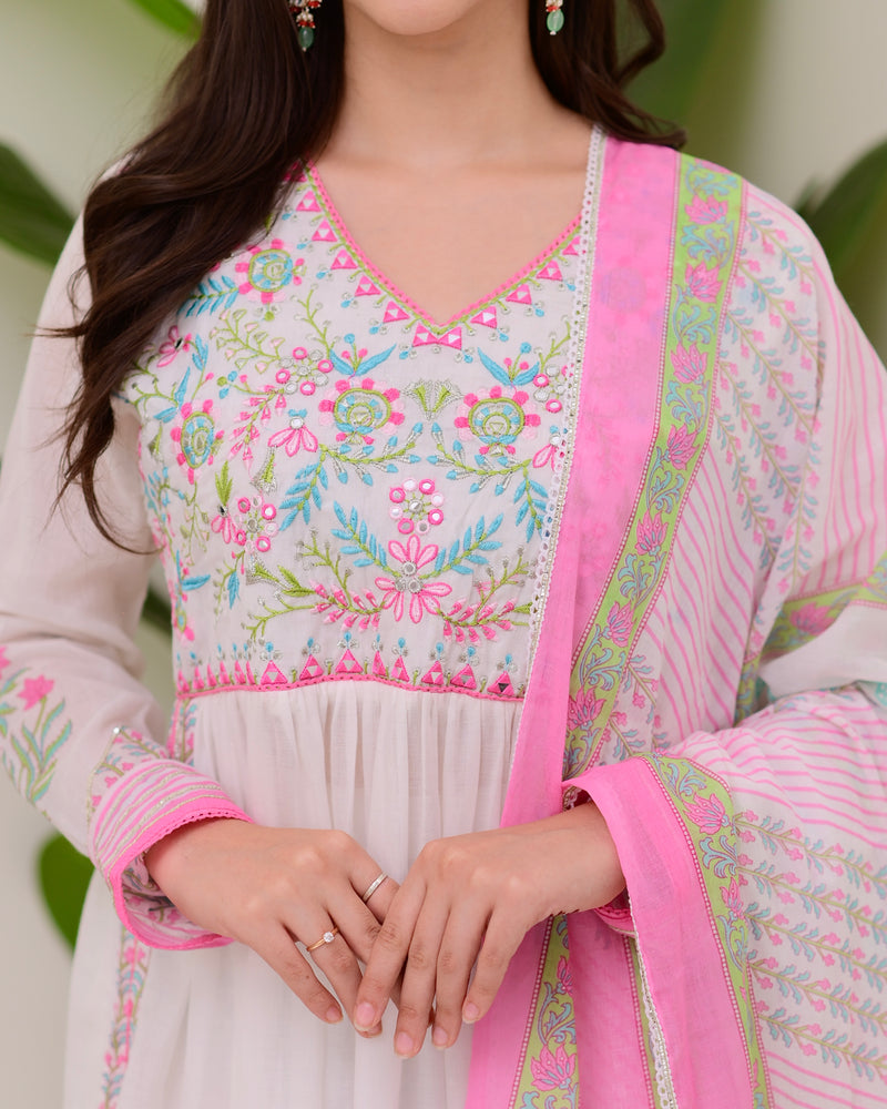 Pink Floral Hand Embroidered A Line Mul Cotton Suit