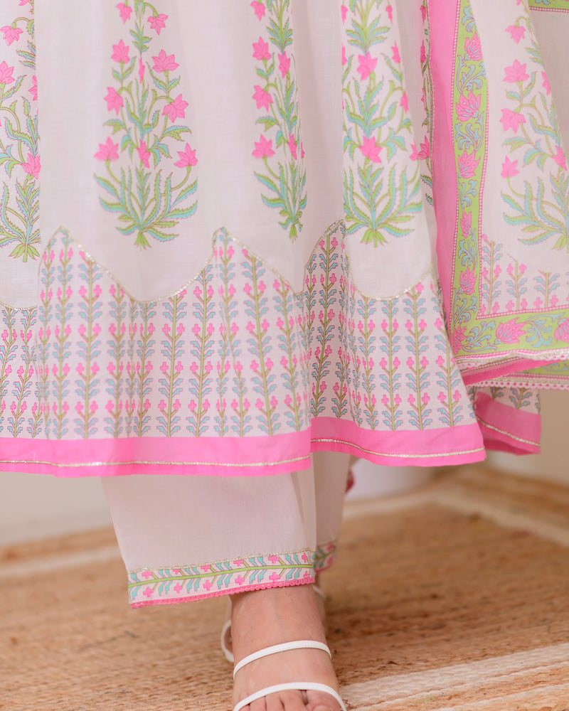 Pink Floral Hand Embroidered A Line Mul Cotton Suit