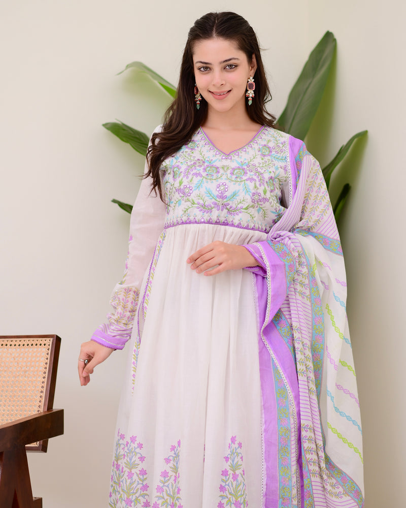 Lavender Floral Hand Embroidered A Line Mul Cotton Suit