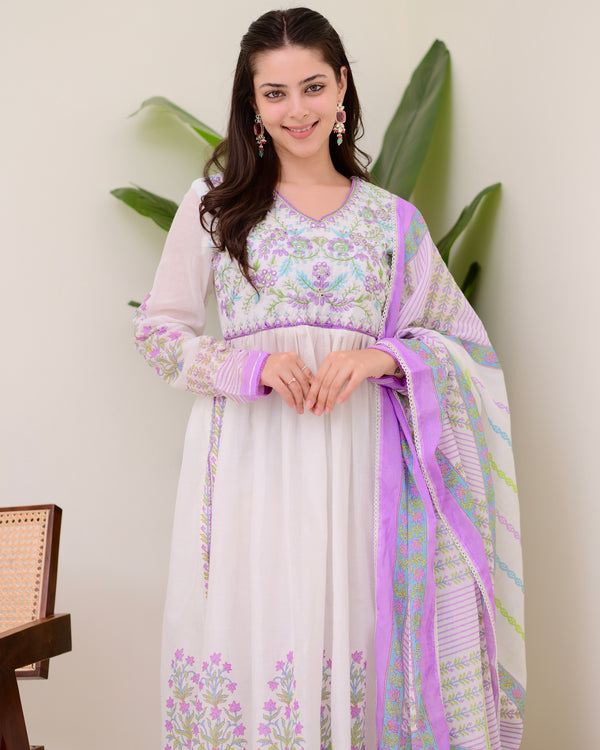 Lavender Floral Hand Embroidered A Line Mul Cotton Suit