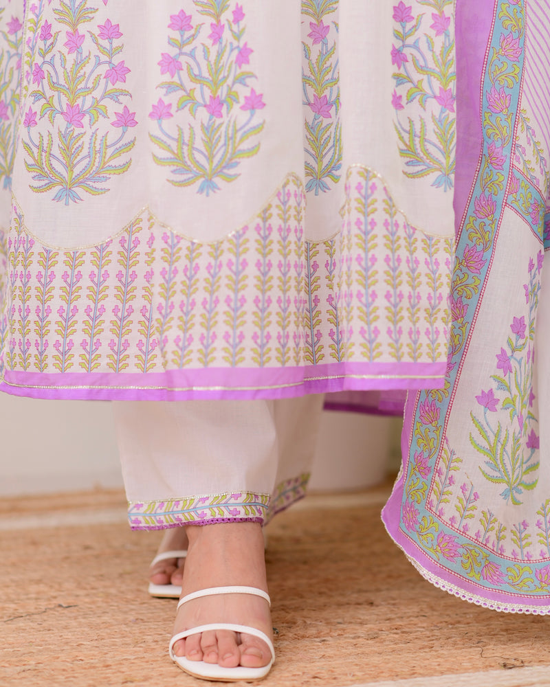 Lavender Floral Hand Embroidered A Line Mul Cotton Suit