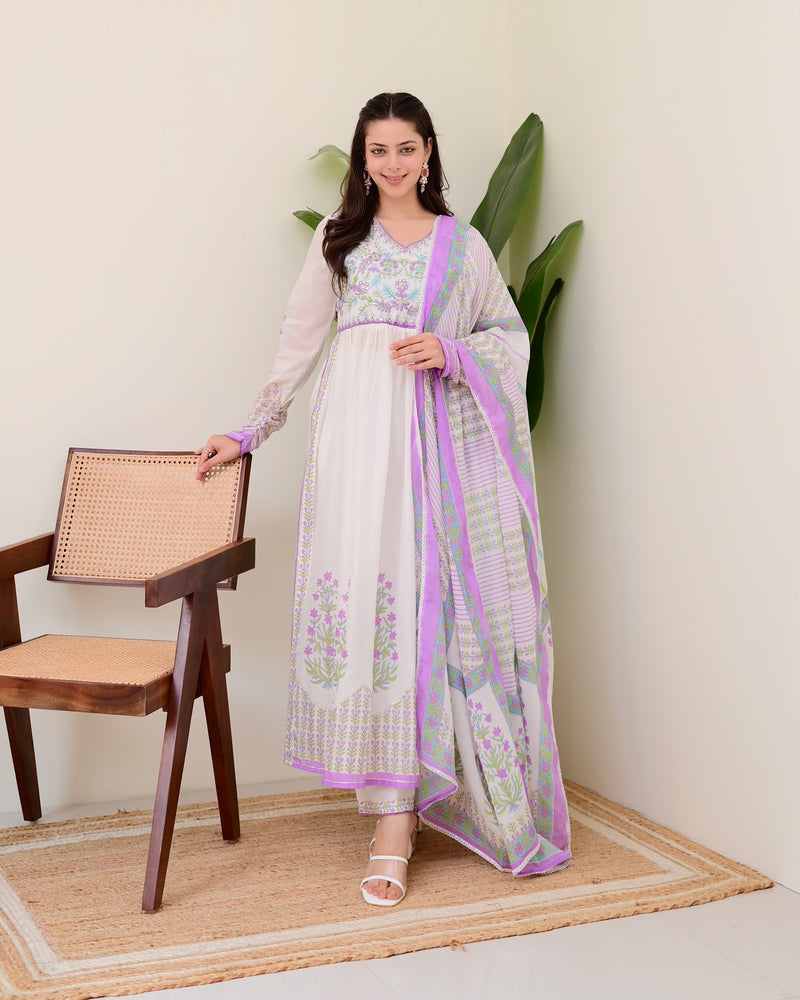 Lavender Floral Hand Embroidered A Line Mul Cotton Suit