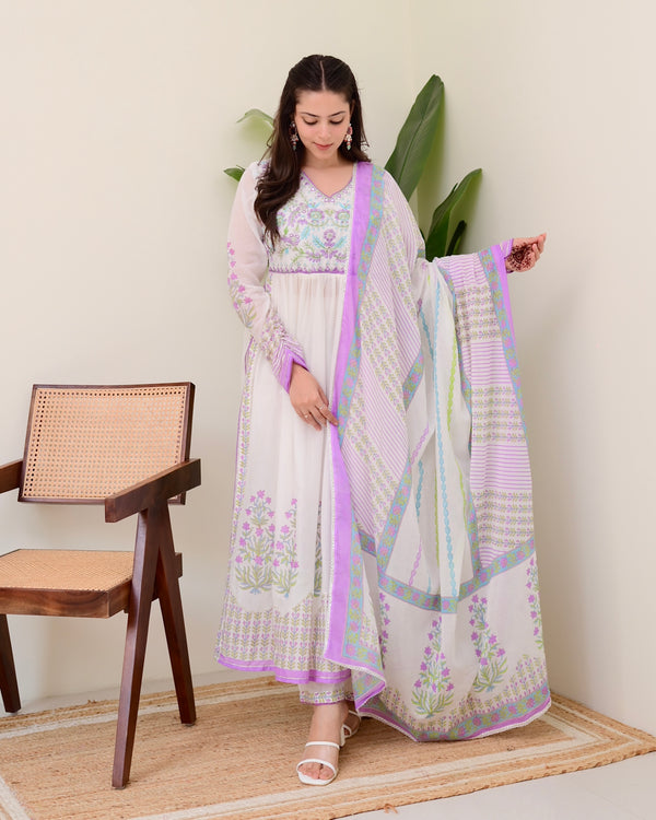 Lavender Floral Hand Embroidered A Line Mul Cotton Suit