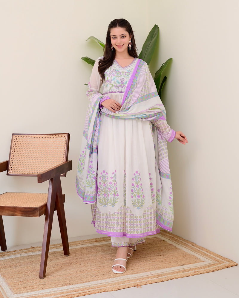 Lavender Floral Hand Embroidered A Line Mul Cotton Suit