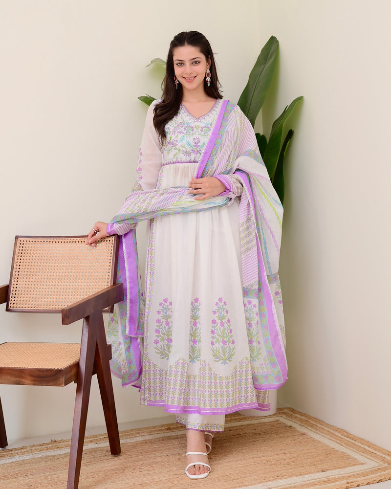 Lavender Floral Hand Embroidered A Line Mul Cotton Suit