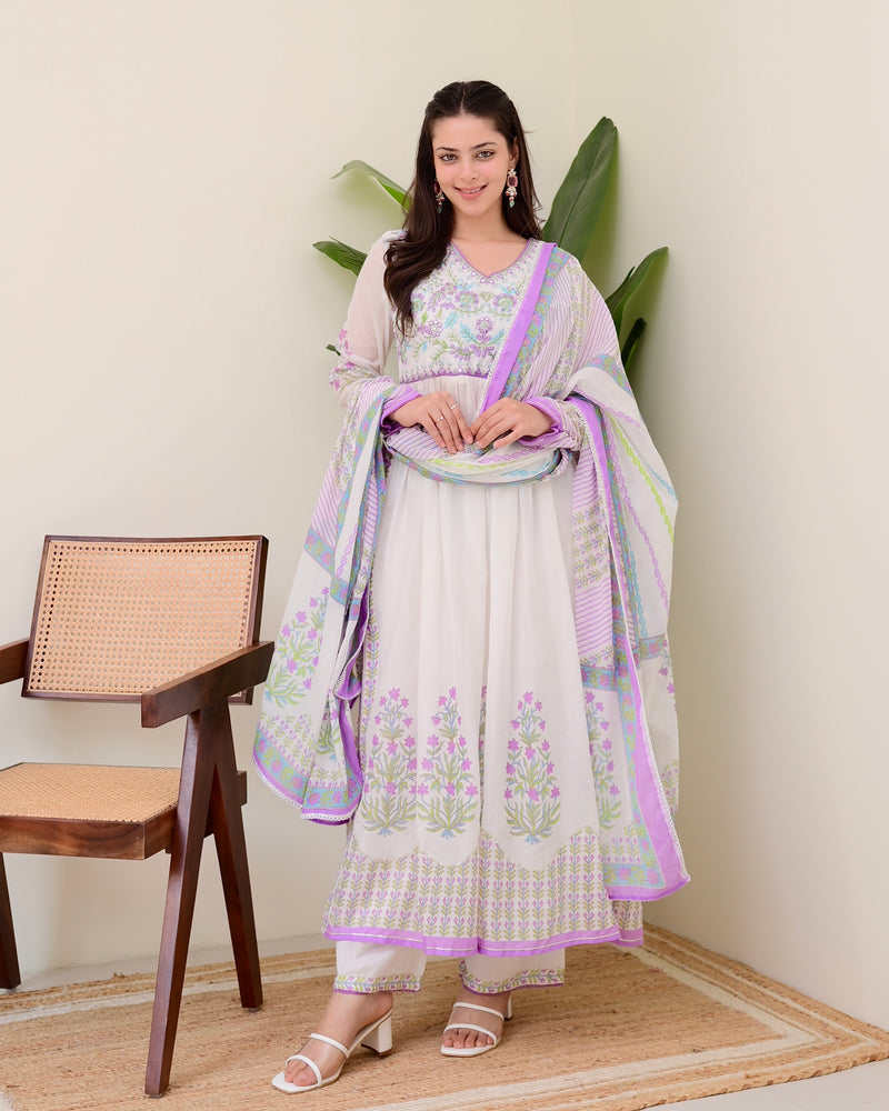 Lavender Floral Hand Embroidered A Line Mul Cotton Suit