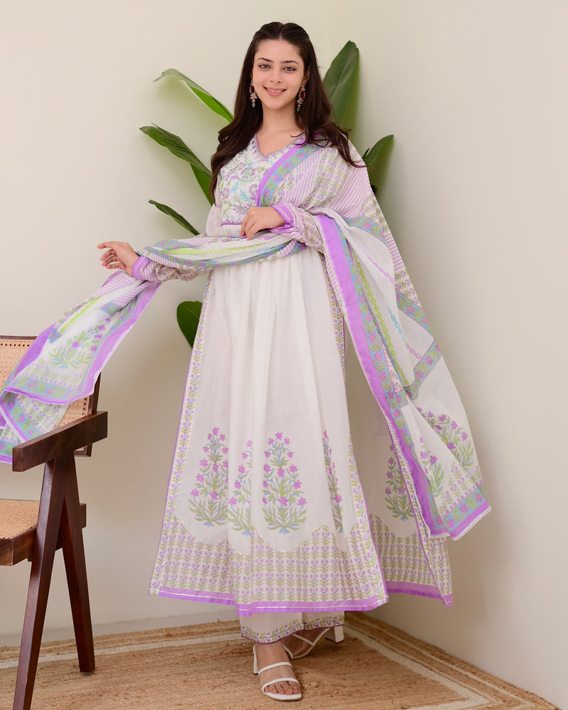 Lavender Floral Hand Embroidered A Line Mul Cotton Suit