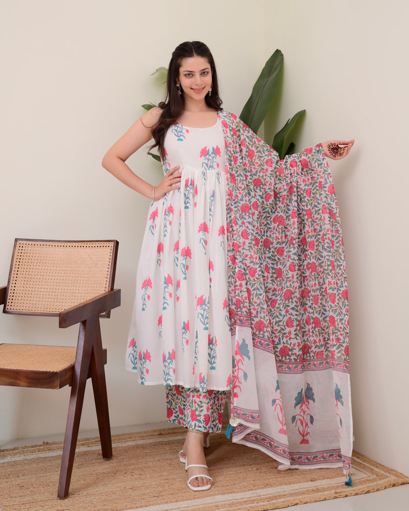 Blue Handblock Printed Premium Cotton Anarkali