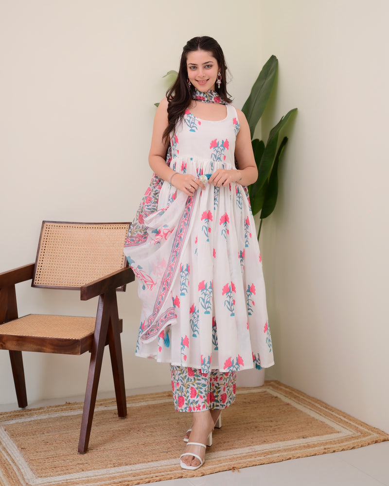 Blue Handblock Printed Premium Cotton Anarkali
