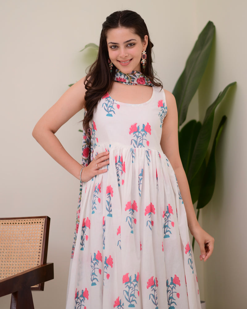 Blue Handblock Printed Premium Cotton Anarkali
