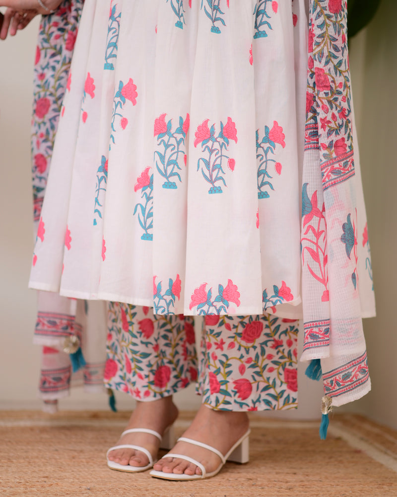 Blue Handblock Printed Premium Cotton Anarkali