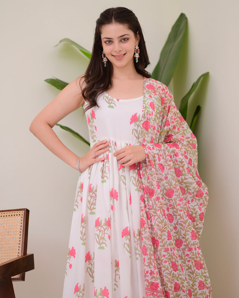 Pink Handblock Printed Premium Cotton Anarkali
