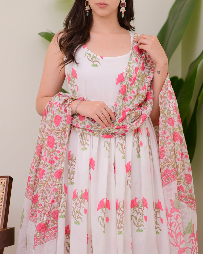 Pink Handblock Printed Premium Cotton Anarkali