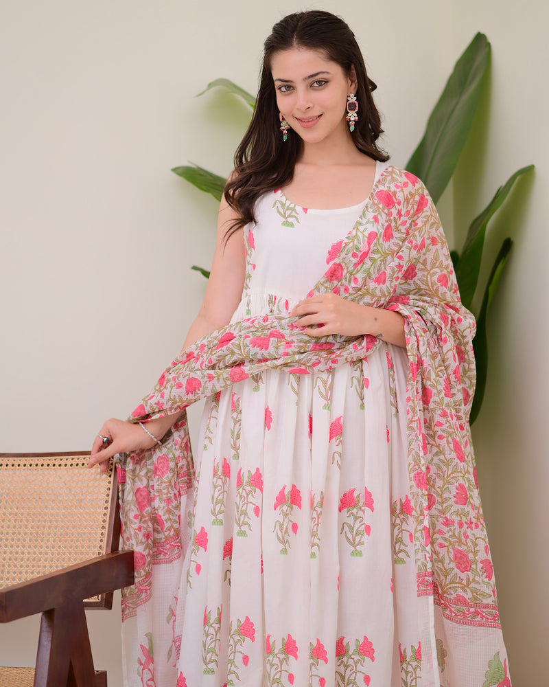 Pink Handblock Printed Premium Cotton Anarkali