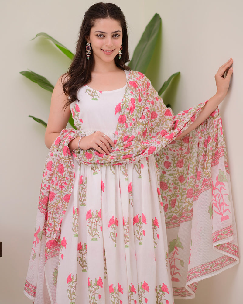 Pink Handblock Printed Premium Cotton Anarkali