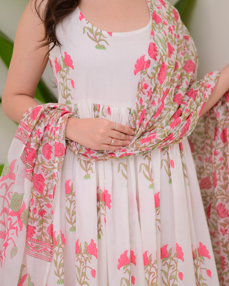 Pink Handblock Printed Premium Cotton Anarkali
