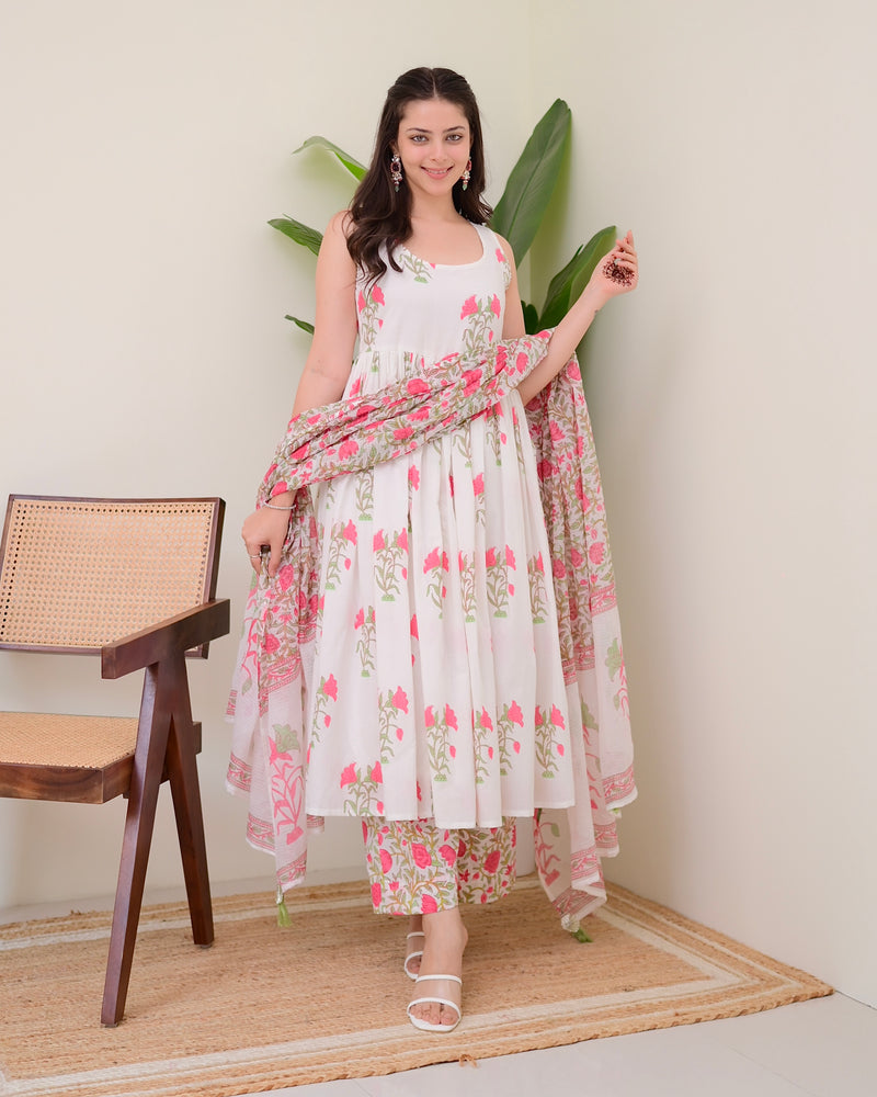 Pink Handblock Printed Premium Cotton Anarkali