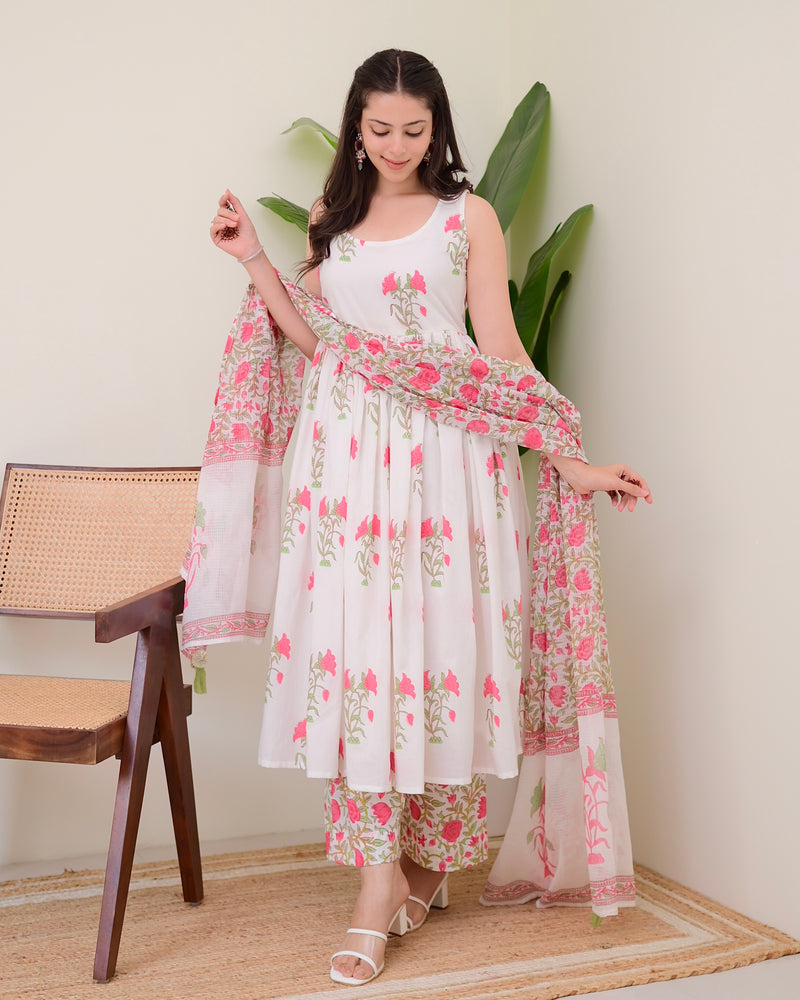 Pink Handblock Printed Premium Cotton Anarkali