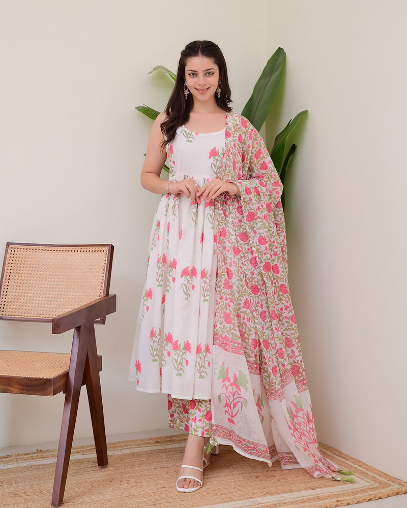 Pink Handblock Printed Premium Cotton Anarkali