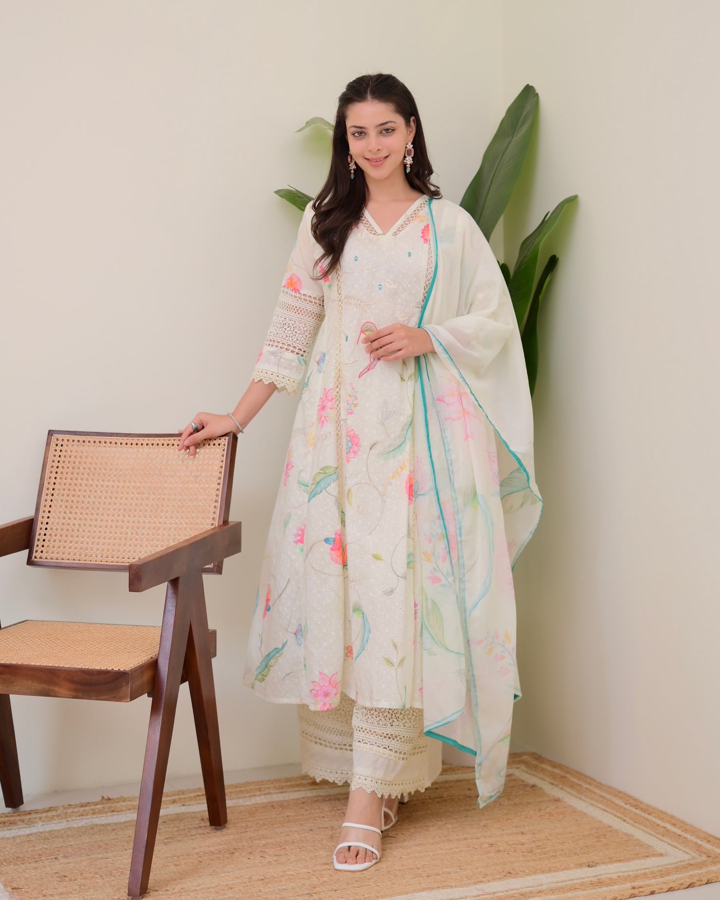 Pearl Blossom Pakistani Schiffli Floral A Line Suit