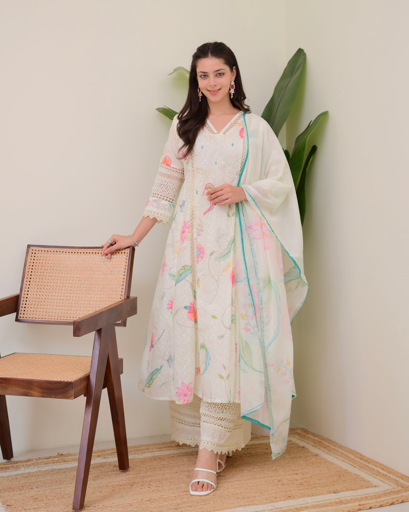 Pearl Blossom Pakistani Schiffli Floral A Line Suit
