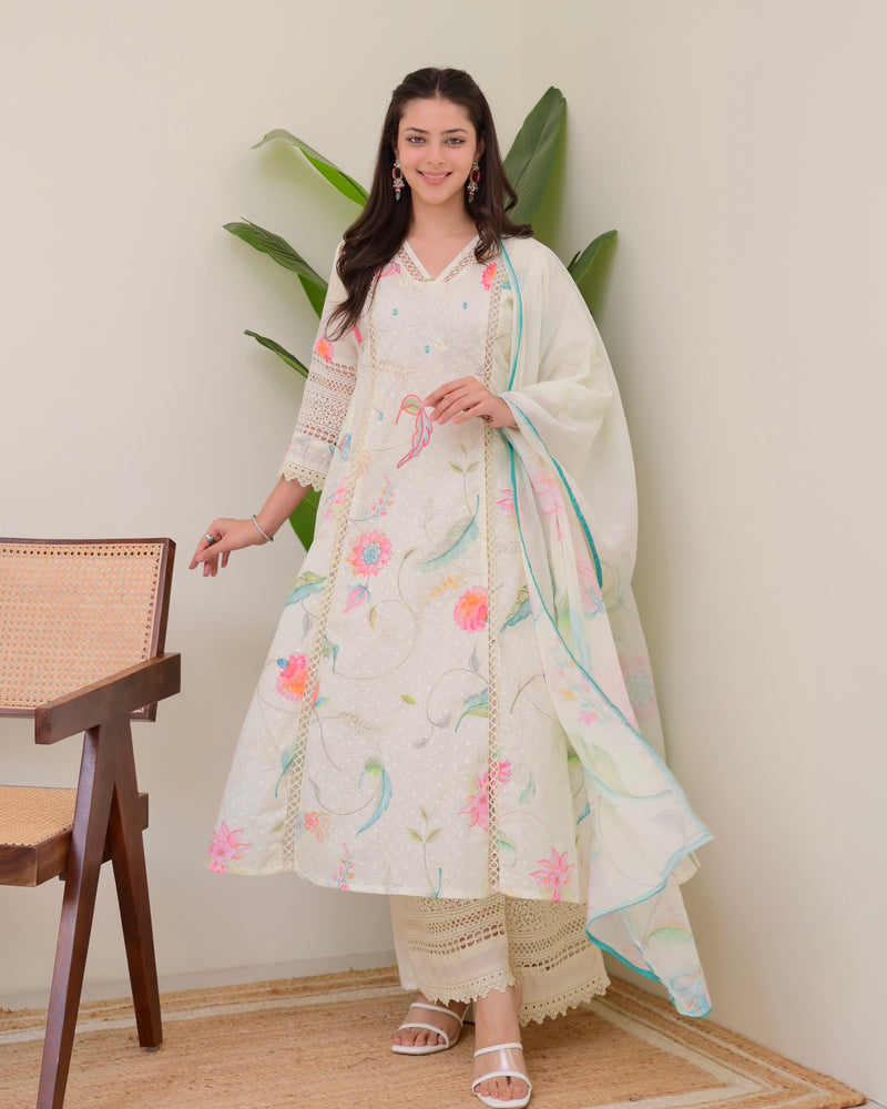 Pearl Blossom Pakistani Schiffli Floral A Line Suit