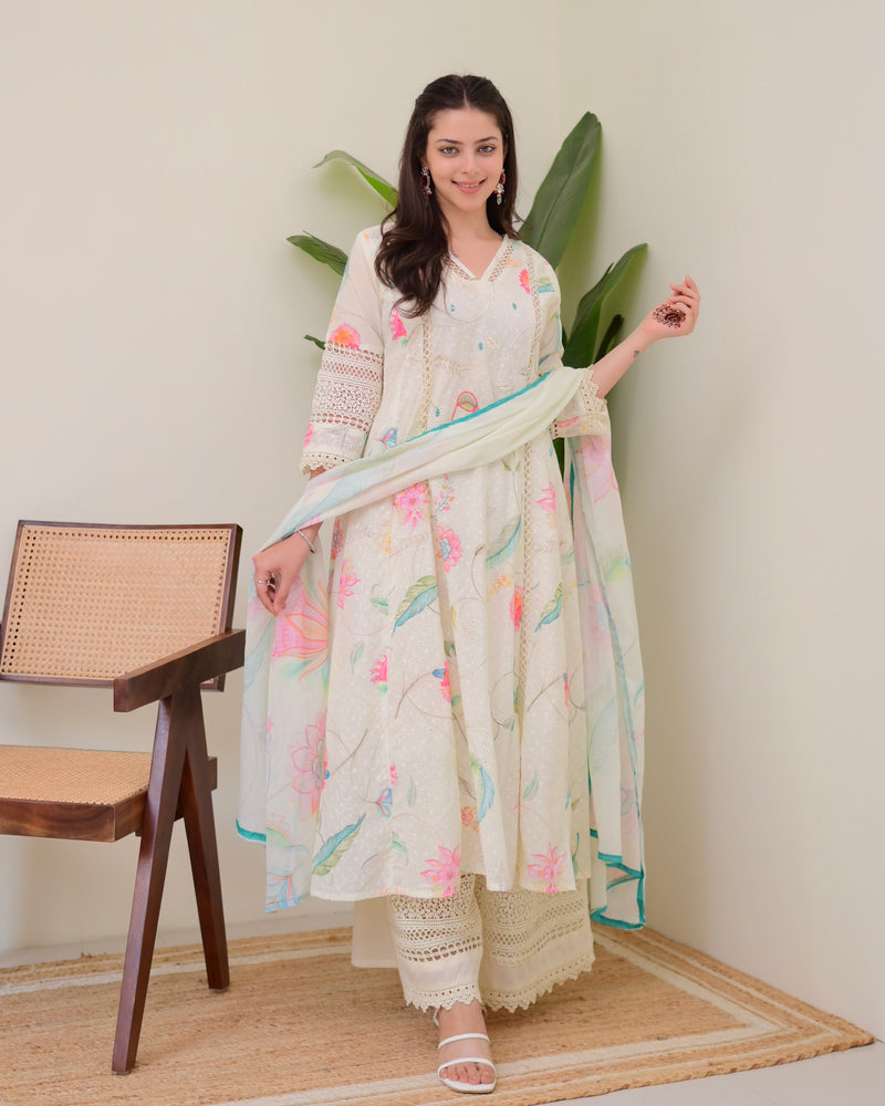 Pearl Blossom Pakistani Schiffli Floral A Line Suit